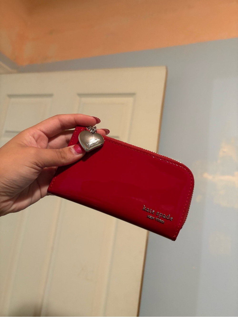 Kate Spade Devin Red Patent Leather Love Wallet w/ Silver Heart Zipper